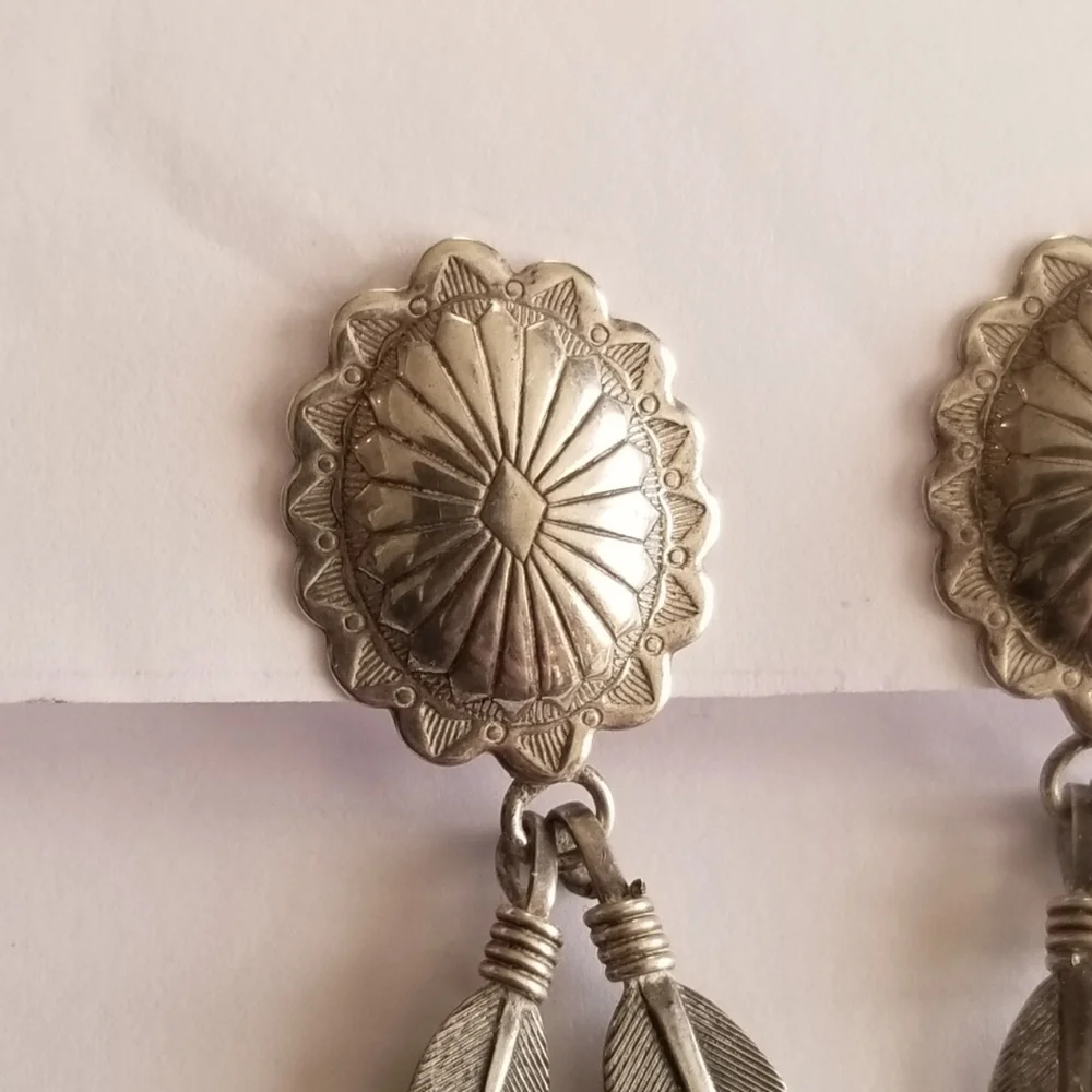 Vintage earrings Sterling Silver shield post Feather dangles 925 old pawn